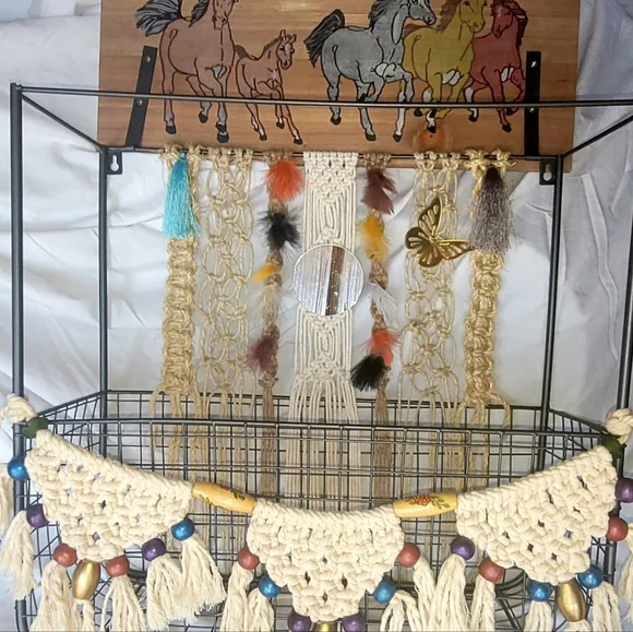 Macrame metal wood basket shelf